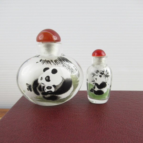 Two Little Vintage Chinese Hand Painted Snuff Bottles, Inside Painted with Panda Bear Designs, Miniature Glass Scent Bottle, Perfume Bottle