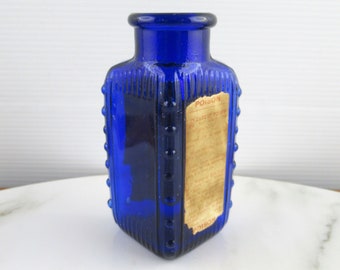 Vintage Cobalt Blue Glass Poison Bottle with Labels, Burroughs Wellcome & Co, Flat Triangular Ribbed Bottle w/ Hobnails, Antique Glass