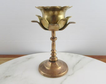 Large Single Vintage Brass Flower Shaped Candle Holder