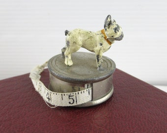 Vintage Antique Cold Painted Metal Bulldog Tape Measure, Figural Dog Tape Measure A/F