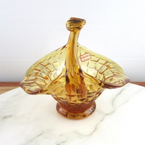 Beautiful Vintage Italian Amber Glass Split Handle Basket, Norleans Italy,  Glass Basket Bowl Vase