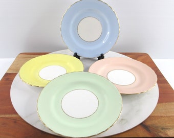 Set of 4 Vintage Tuscan Fine English Bone China Saucer Plates in Pastel Colours, Yellow, Blue, Pink & Green, Made in England