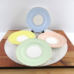 Set of 4 Vintage Tuscan Fine English Bone China Saucer Plates in Pastel Colours, Yellow, Blue, Pink & Green, Made in England