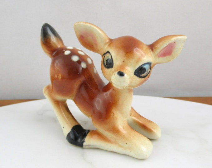 Vintage Ceramic Deer Figurine, Kitsch Fawn Ornament, Woodland Decor