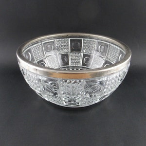 Vintage Large Art Deco Clear Cut Glass Salad Bowl Silver Plated Rim, Made in England