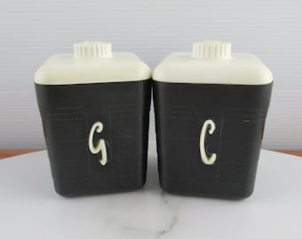Vintage Art Deco Black & White Duperite Spice Canisters, C for Cinnamon and G for Ginger, Made in Australia,  Kitchen Storage Containers
