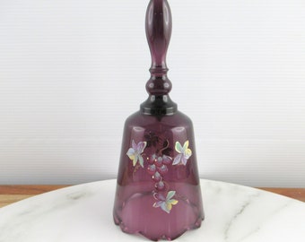 Vintage Fenton Hand Painted Purple Amethyst Glass Bell, Grape & Flower Design, Signed C Smith, Handmade in USA