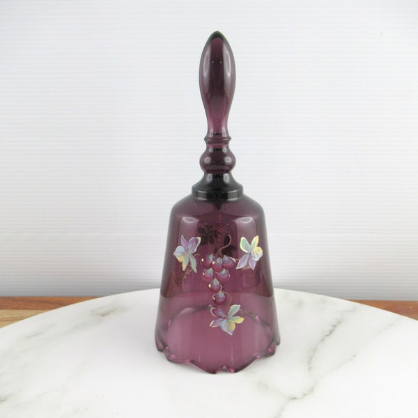 Vintage Fenton Hand Painted Purple Amethyst Glass Bell, Grape & Flower Design, Signed C Smith, Handmade in USA