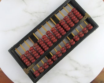 Small Vintage Wooden Abacus, Brown Wood & Brass, Chinese Calculator, Lotus-Flower Brand, Made in China