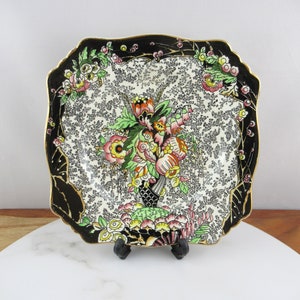 Raro prato floral preto vintage Royal Winton Grimwades, feito na Inglaterra