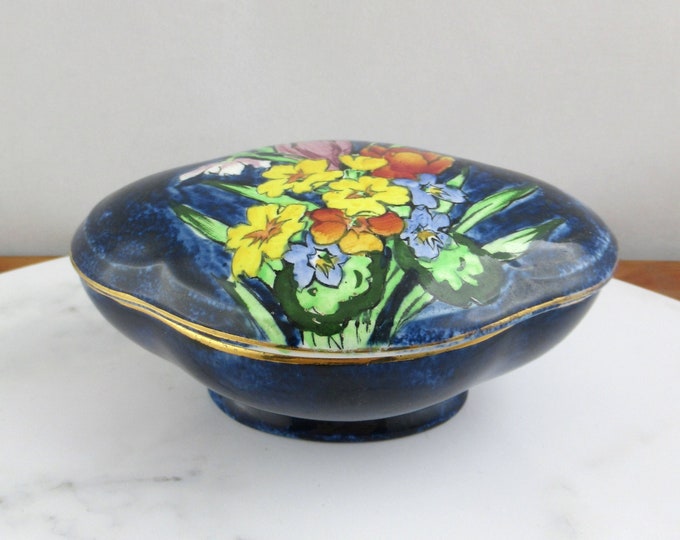 Vintage Hand Painted Ceramic Lidded Trinket Bowl Dish, Made in England, Blue Floral Decorations