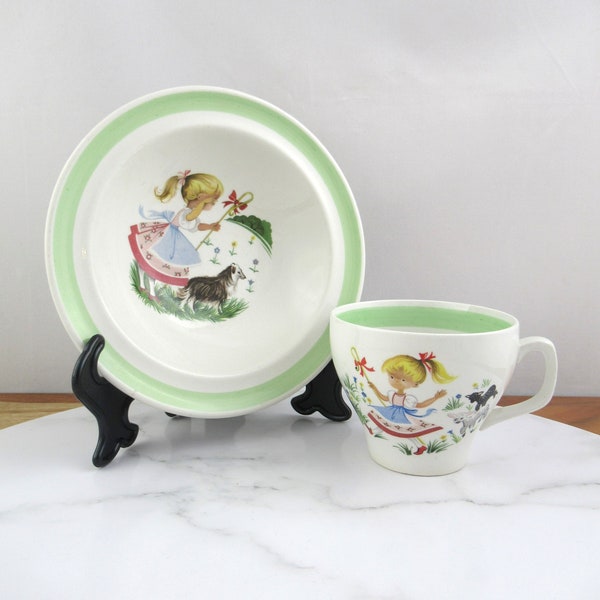 Vintage Children's Ceramic Mug and Bowl Nursery Rhyme Set, Little Bo Peep Design, Childs Dinner Set, Wood & Sons Ironstone Made in England