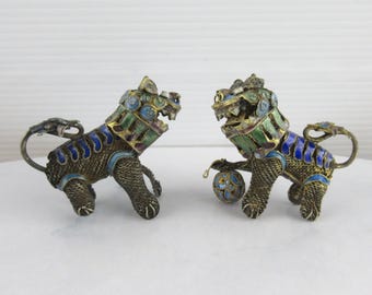 Pair of Vintage Chinese Cloisonne Foo Dogs Lions With Ball