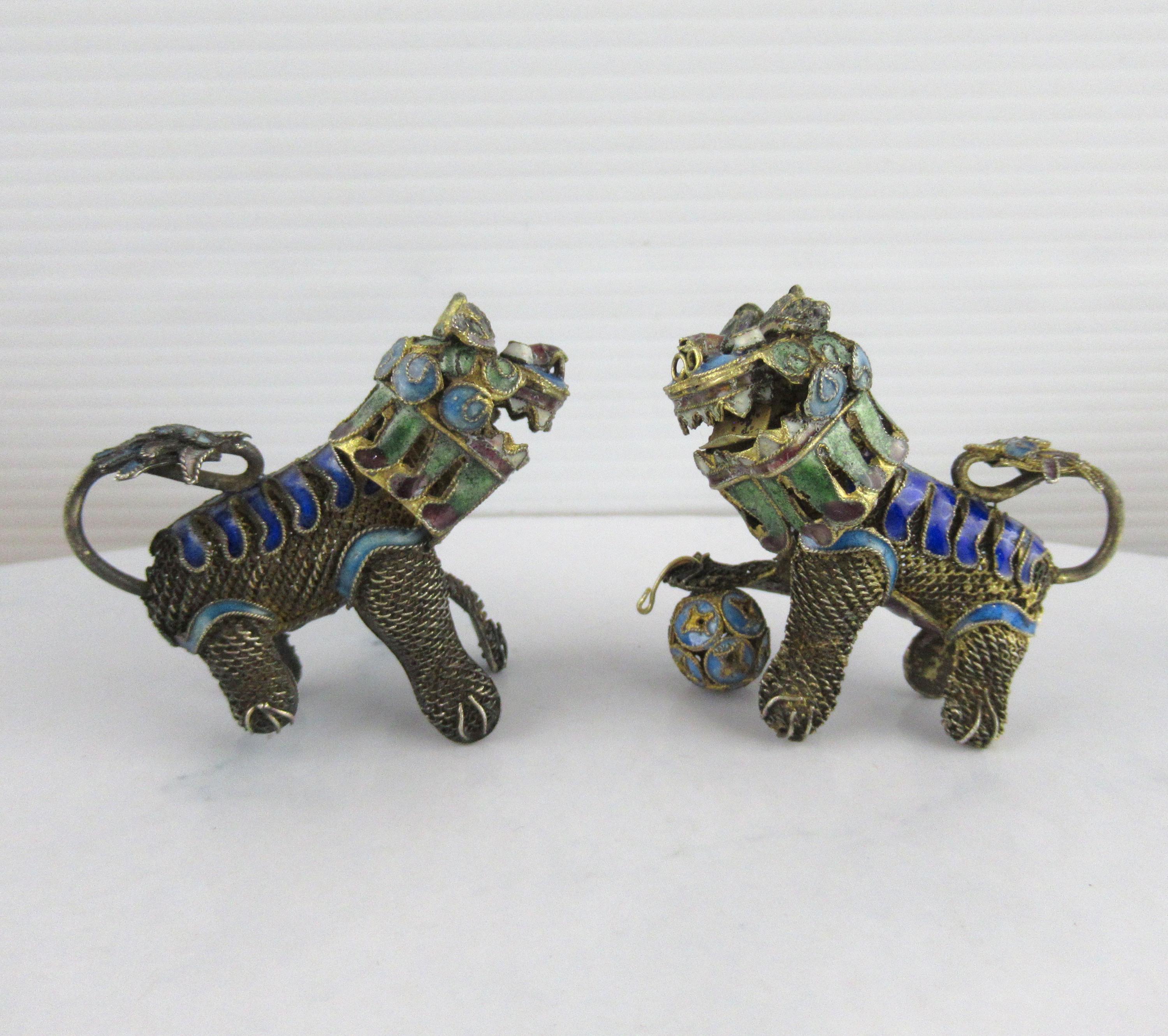 Pair of Vintage Chinese Cloisonne Foo Dogs Lions With Ball