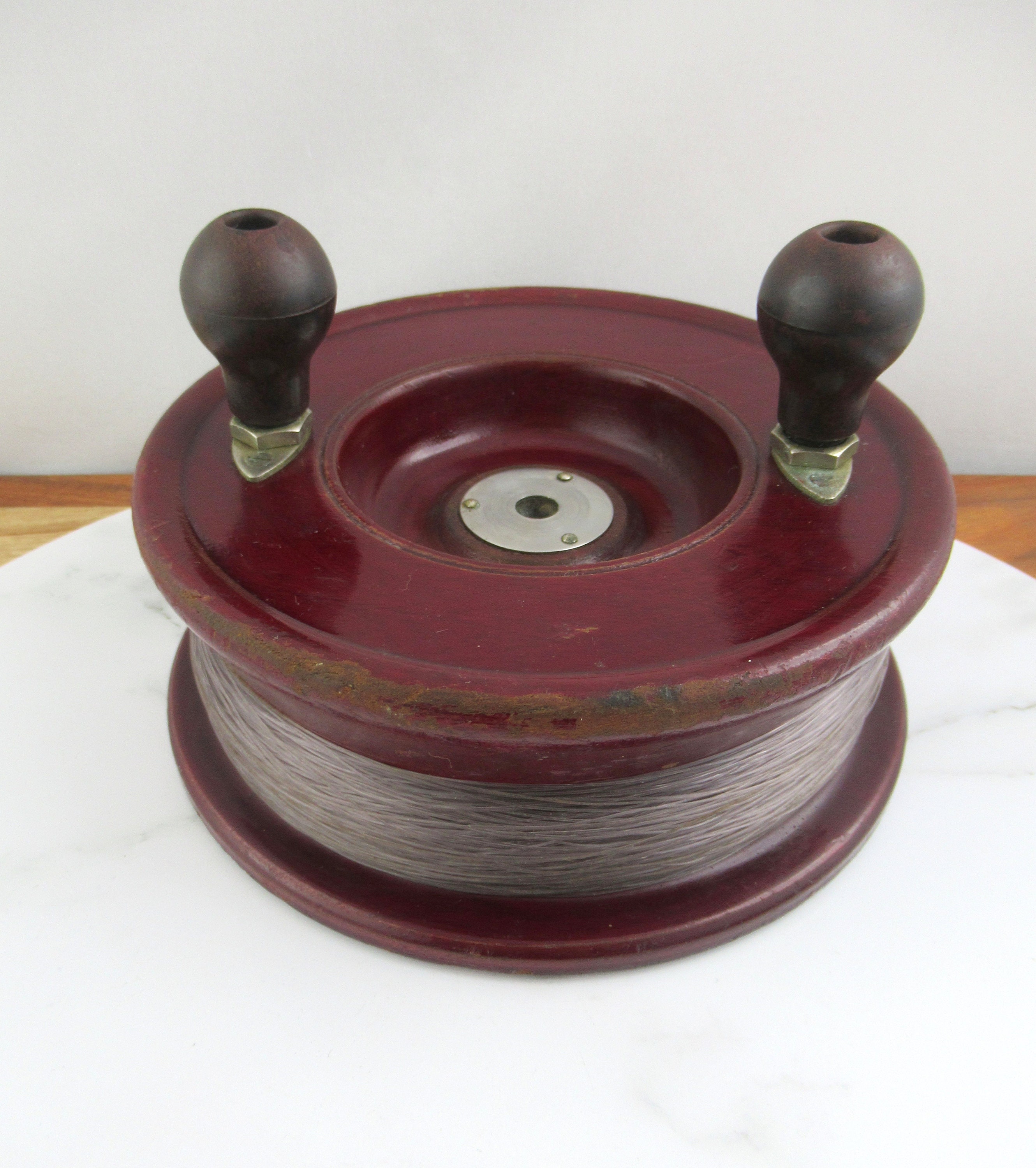 Vintage Wooden Fishing Line Reel With Two Handles, Rustic Wood