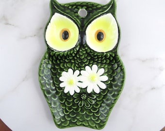 Vintage Green Owl Ceramic Spoon Rest or Catchall Trinket Dish , Wall Hanging Owl