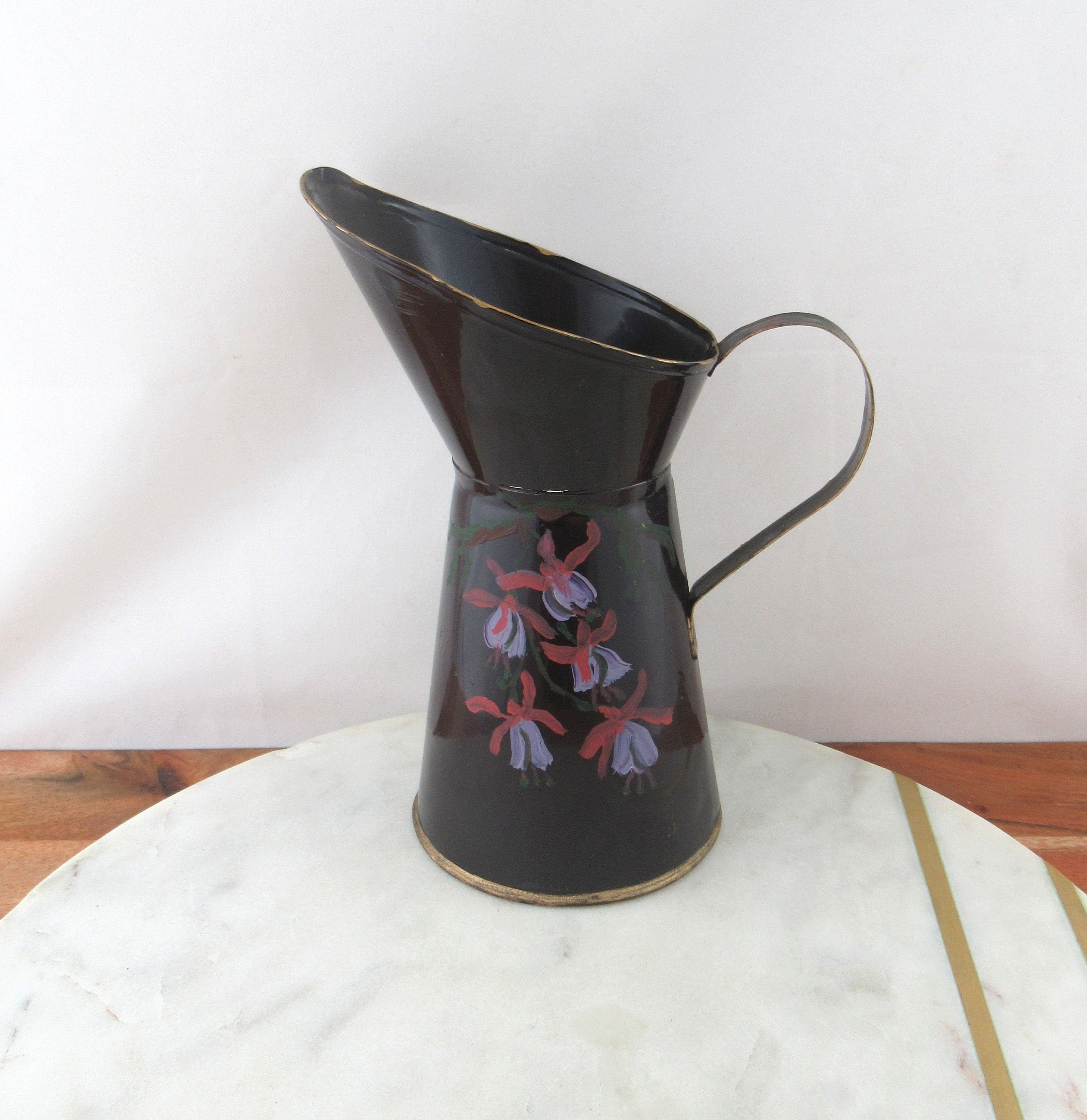 Vintage Black Metal Pitcher With Hand Painted Floral Design Etsy