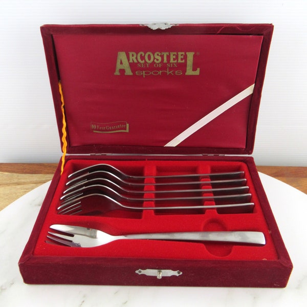 Boxed Set of 6 Vintage Mid Century Arcosteel Sporks in Box,  Stainless Steel, Buffets Forks