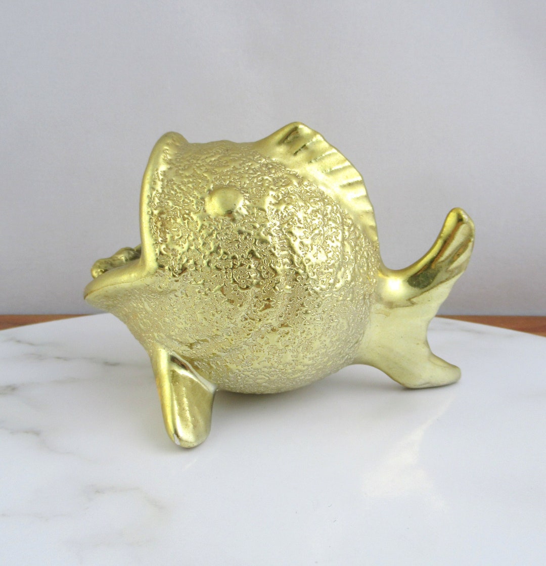 Vintage Gold Ceramic Fish Ashtray or Trinket Bowl, Mid Century