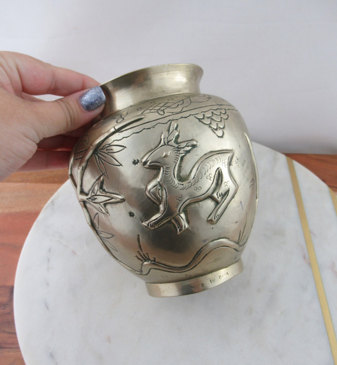 Vintage Brass Chinese Vase With Bird & Deer Design Brass Etsy