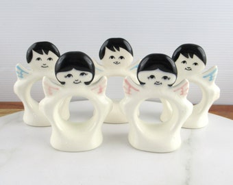 Set of 5 Vintage Kitsch Angel Boys & Girls Ceramic Napkin Rings, Serviette Holders, Figural Napkin Rings, Christmas Angels