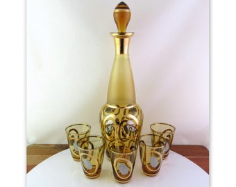 Vintage Mid Century Bohemia Amber Glass Decanter & 5 Glasses,  Czech Gold Smoky Brown