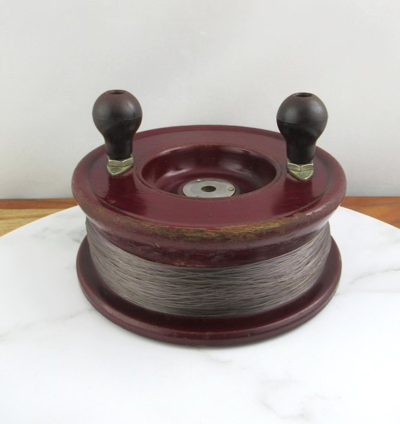Vintage Wooden Fishing Line Reel With Two Handles, Rustic Wood