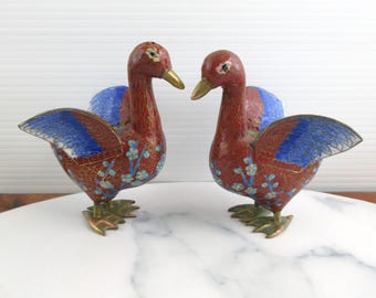 Vintage Chinese Cloisonne Duck Pair, Brass & Enamel Oriental Bird Figurines