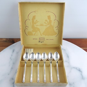 6-teiliges Set Vintage-Kaffeelöffel aus versilbertem Demitasse-Holz, Art-déco-Muster Bergen, Rodd Silverware, hergestellt in Australien