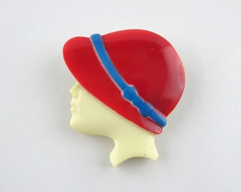 Vintage Art Deco Ladies Head Brooch with Red Hat , Art Deco Lady, Plastic Brooch