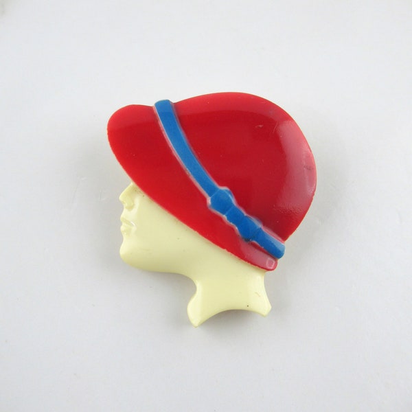 Vintage Art Deco Ladies Head Brooch with Red Hat , Art Deco Lady, Plastic Brooch