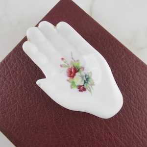 Small Vintage Hand Painted Ceramic Hand Shaped Ring Dish, Jewellery Display / Storage
