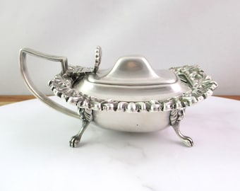 Vintage Art Deco Silver Plated Condiment Dish with Heavy Blue Glass Insert, Mustard or Jam Pot, Lions Head Paw Feet