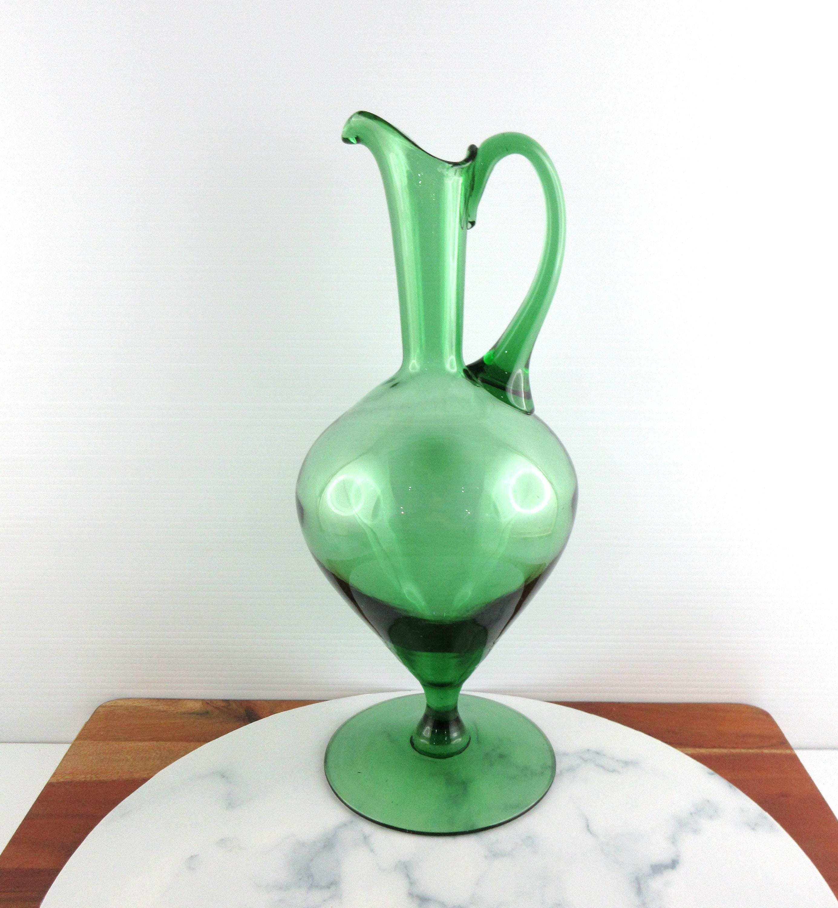 Vintage Hand Blown Empoli Green Glass Jug Vase, Mid Century MCM Made in Italy