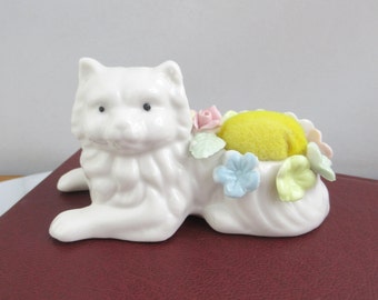 Vintage Keramik White Kitty Cat Nadelkissen, Nähstifthalter, Made in Taiwan