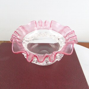 Vintage Antique Victorian Cranberry & Clear Art Glass Threaded and Ruffled Bowl