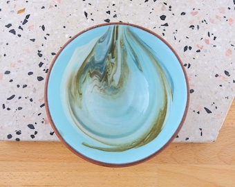 Vintage Handmade Glazed Terracotta Pottery Bowl, Jan Bainbridge Island Eumundi, Australian Pottery, Turquoise Swirl