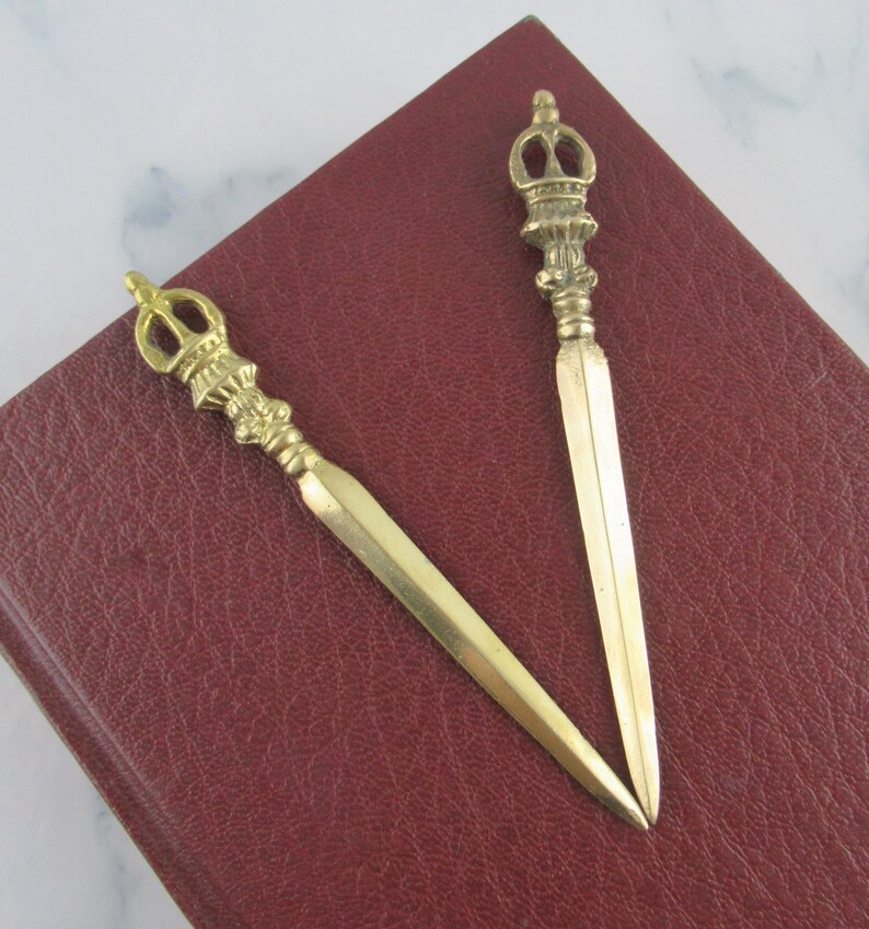 Pair of Vintage Brass Crown / Sword Letter Opener, Metal Novelty Letter