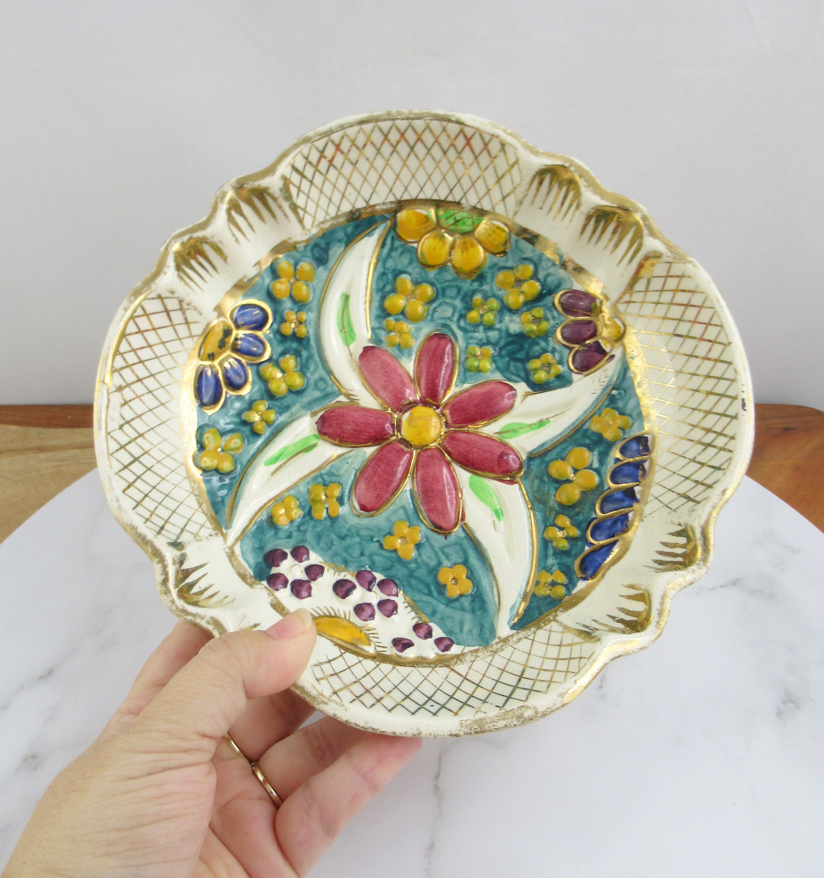 Vintage Hand Painted H Bequet Quaregnon Belgium Majolica Bowl, 1940's Decorative Ceramic Bowl