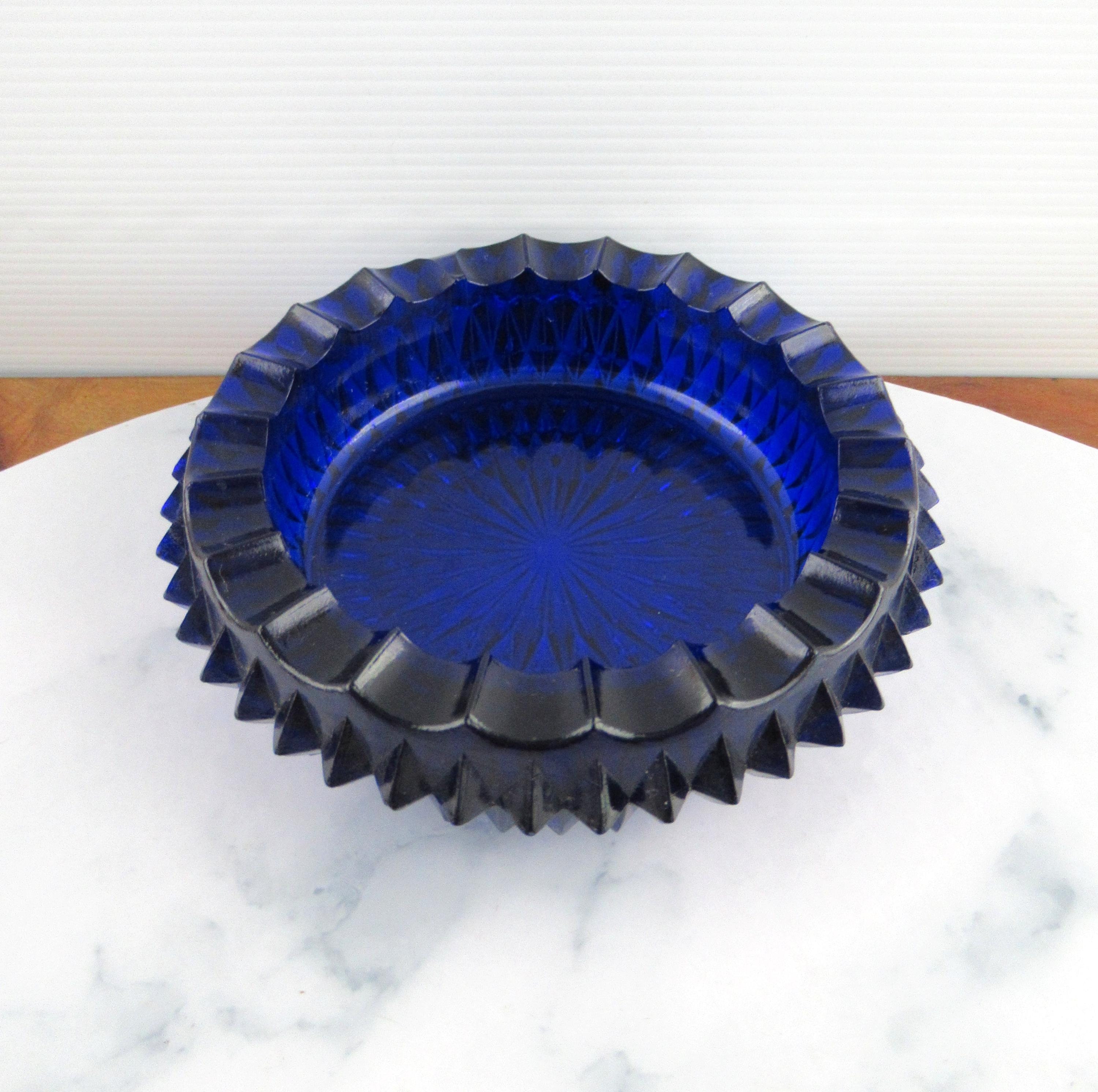Vintage Midnight Blue Glass Ashtray or Trinket Bowl, Spiked Diamond Point, Davidson Glass