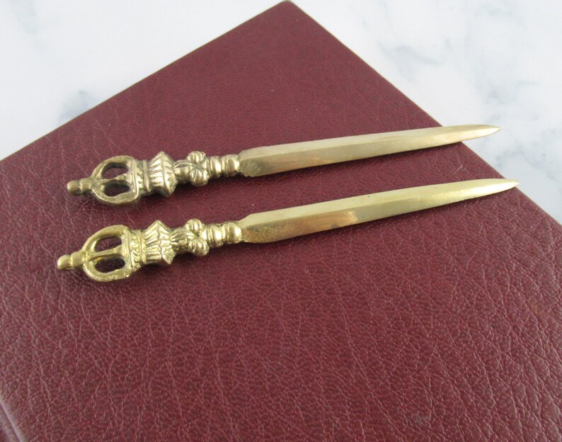 Pair of Vintage Brass Crown / Sword Letter Opener, Metal Novelty Letter