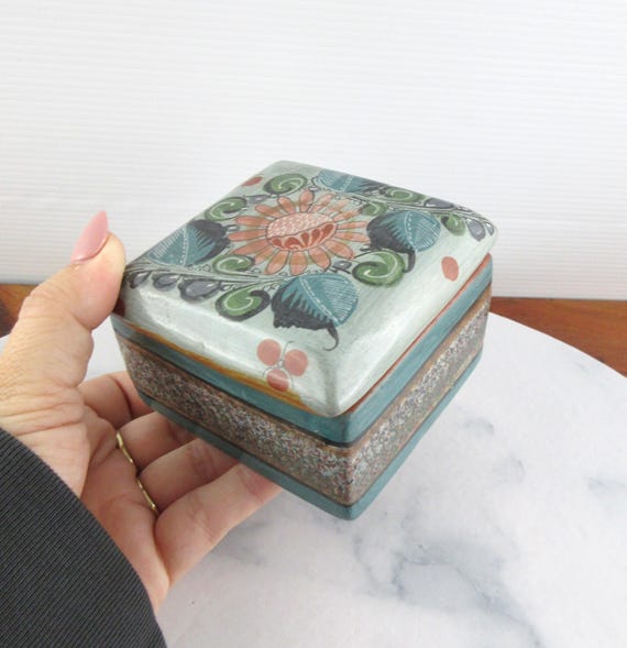 ヴィンテージの手描きトナラ赤土製小物入れ、メキシコの民芸品、ミッド