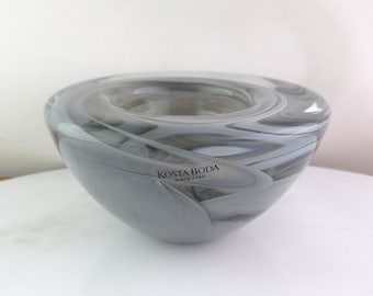 Vintage Kosta Boda Glass Atoll Smokey Grey Swirl Votive Candle Holder Bowl, Anna Ehrner Made in Sweden, Scandinavian Glass