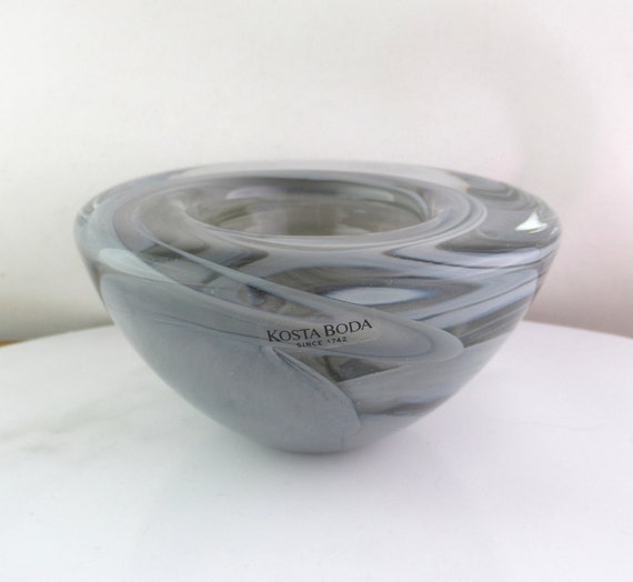 Vintage Kosta Boda Glass Atoll Smokey Grey Swirl Votive Candle