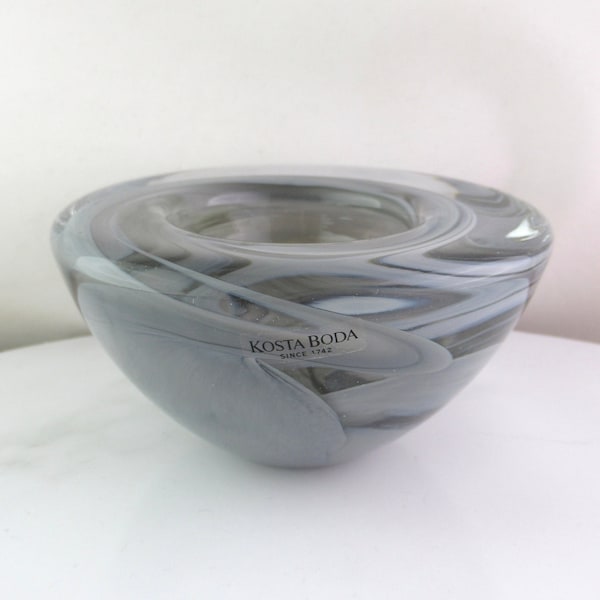 Vintage Kosta Boda Glass Atoll Smokey Grey Swirl Votive Candle Holder, Anna Ehrner Made in Sweden, Scandinavian Glass