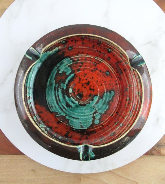 Large Vintage Mid Century Red Green Art Pottery Ashtray, MCM