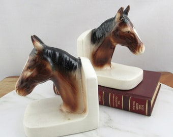 Pair of Vintage Glazed Ceramic Horse Head Bookends, Made in Japan, Bookshelf Decor