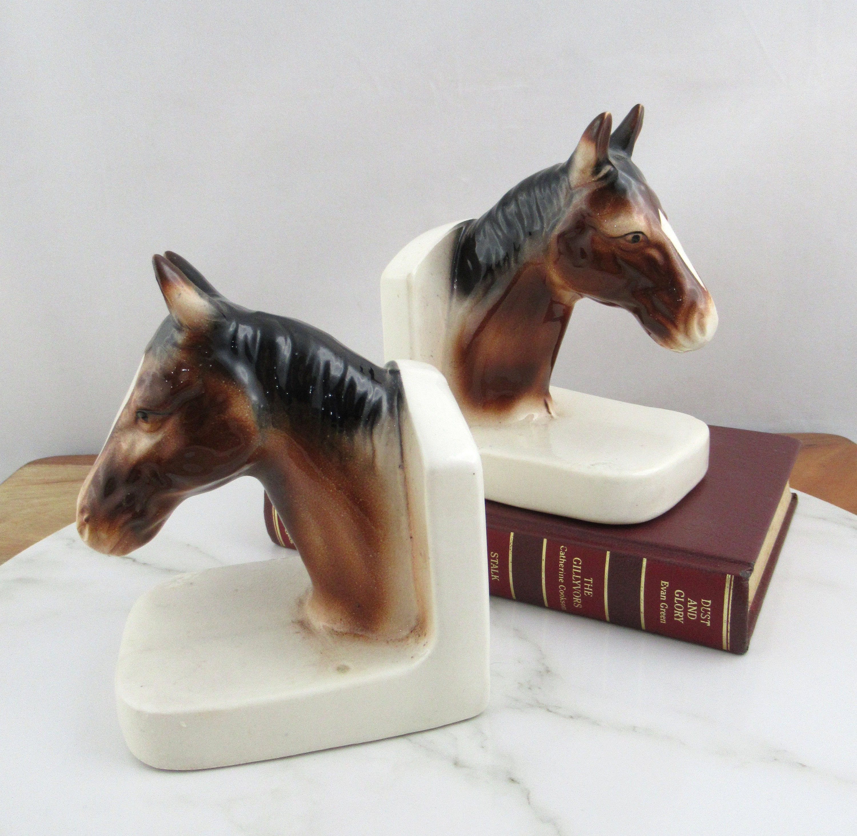 Pair of Vintage Glazed Ceramic Horse Head Bookends, Made in Japan, Bookshelf Decor