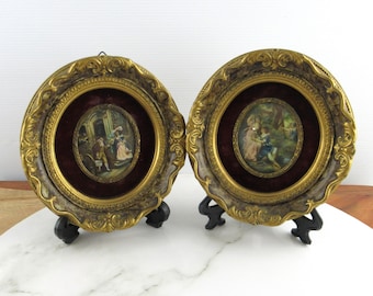 Pair of Original Vintage Italian Paintings in Ornate Plaster Picture Frames w/ Convex Glass, Hand Painted, Signed Love Story Courting Couple