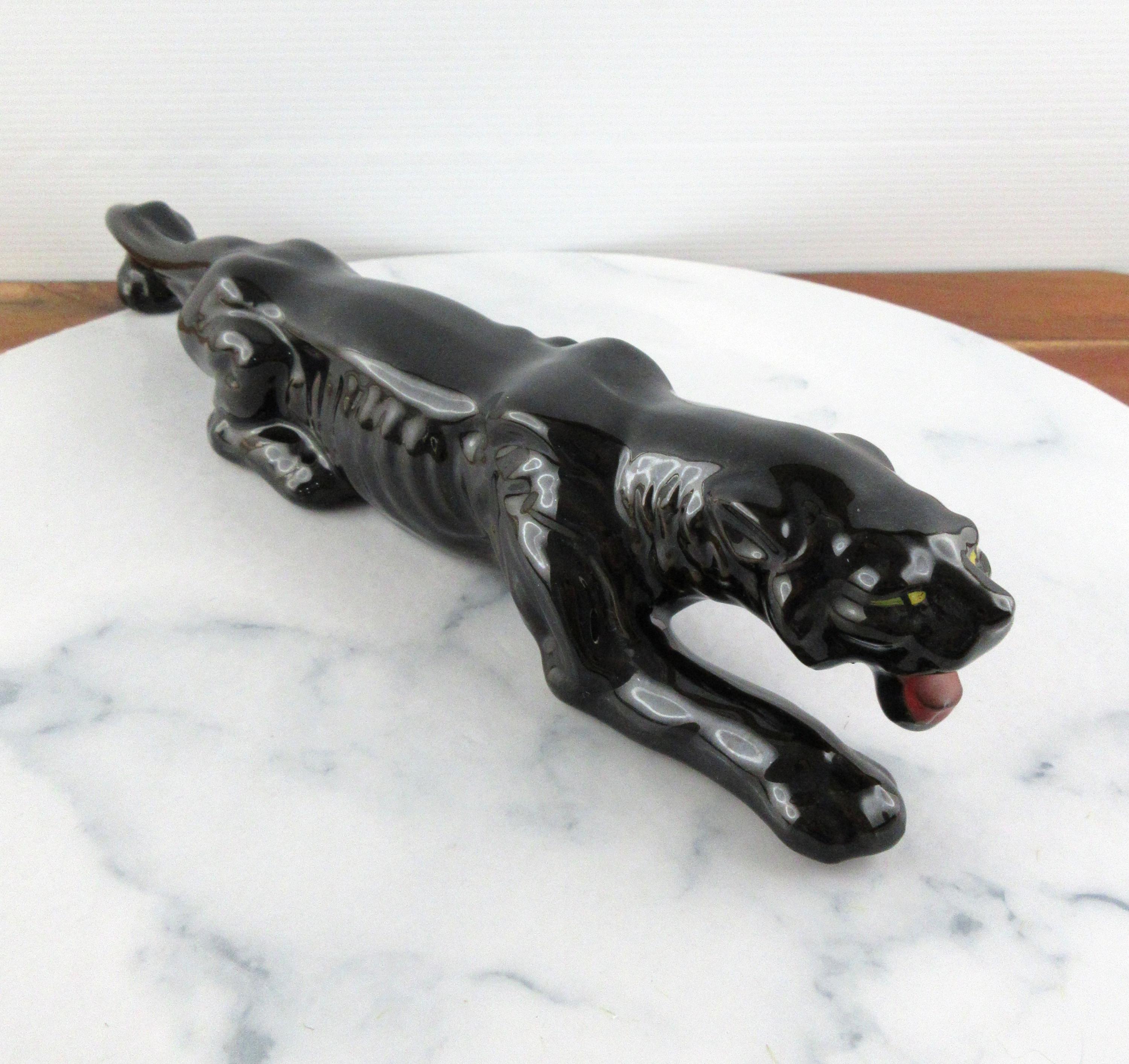 Vintage Mid Century Ceramic Black Panther Statue Figurine Figure